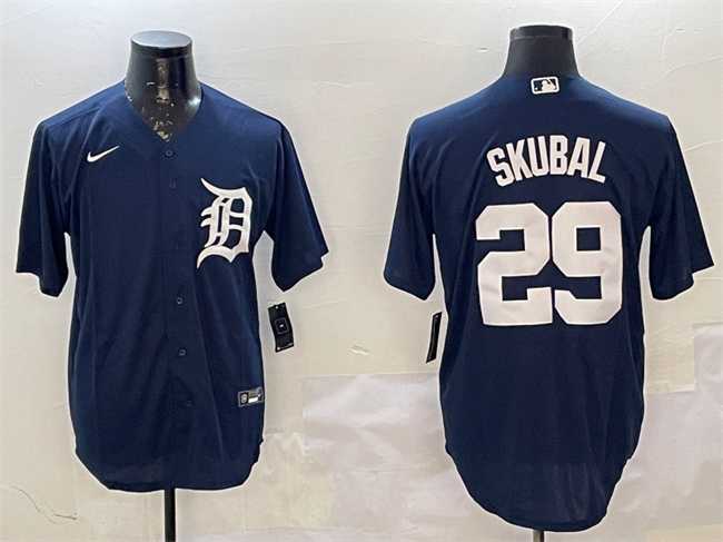 Mens Detroit Tigers #29 Tarik Skubal Navy Cool Base Stitched Jersey